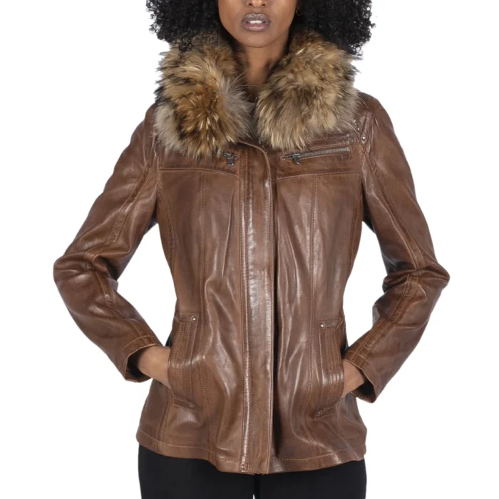 Womens Real Leather Short Parka Jacket Coat Fur Hood Zipped Brown Tan Black - Image 6