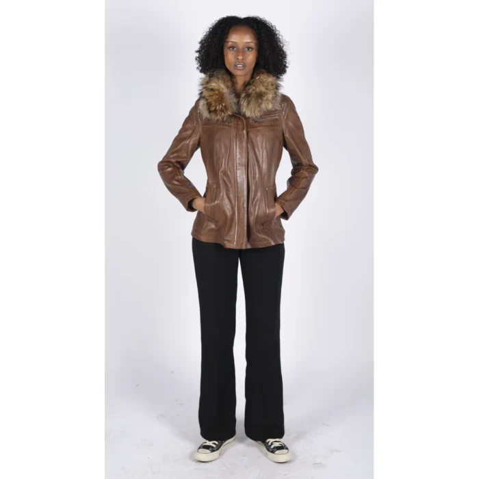 Womens Real Leather Short Parka Jacket Coat Fur Hood Zipped Brown Tan Black - Image 7