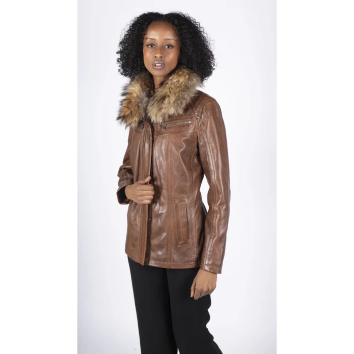 Womens Real Leather Short Parka Jacket Coat Fur Hood Zipped Brown Tan Black - Image 9