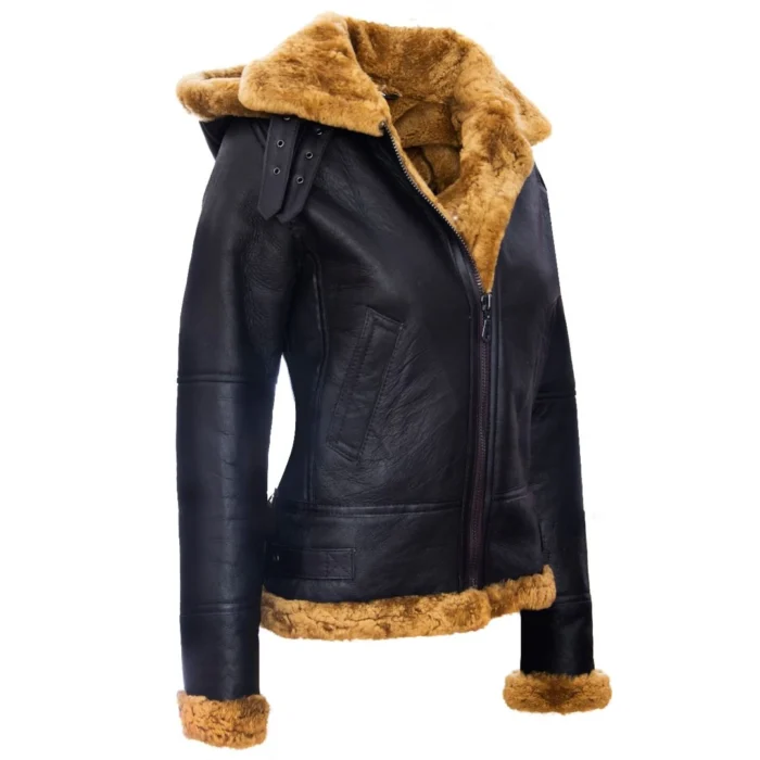 Ladies Aviator New Ginger Women's Hooded Real Shearling Sheepskin Leather Jacket - Image 2