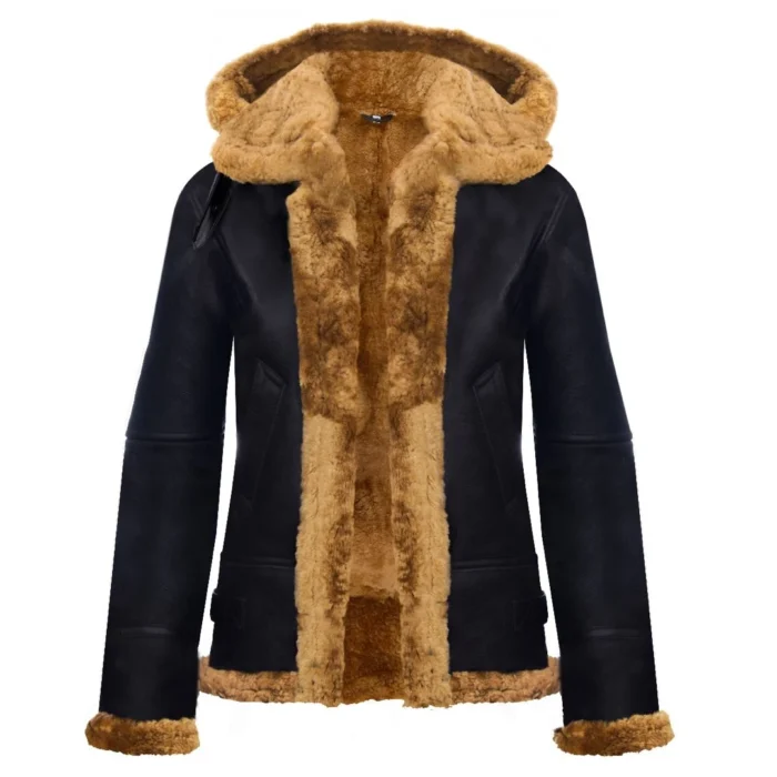 Ladies Aviator New Ginger Women's Hooded Real Shearling Sheepskin Leather Jacket - Image 3