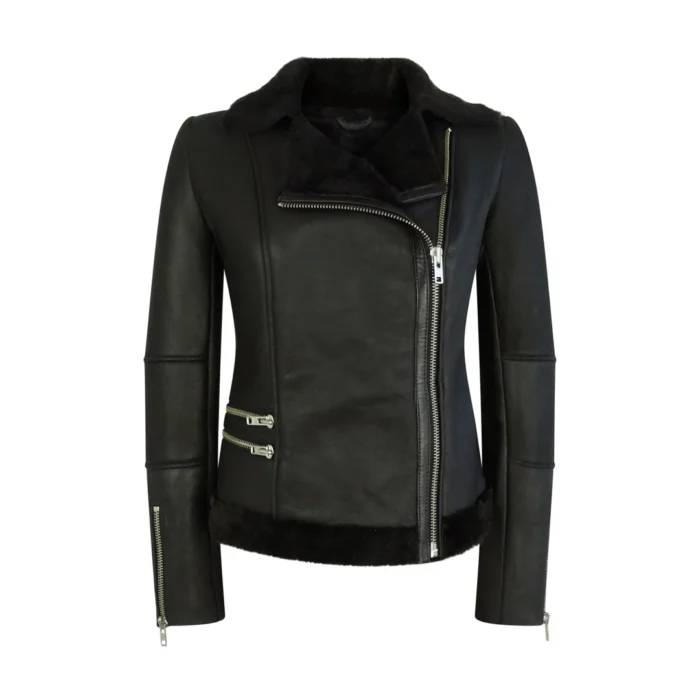 Womens Short Tailored Fit Morino Black Real Sheepskin Cross Zip Biker Style - Image 1