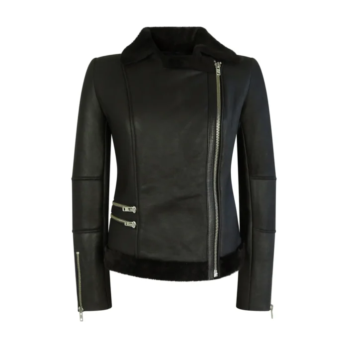 Womens Short Tailored Fit Morino Black Real Sheepskin Cross Zip Biker Style - Image 2
