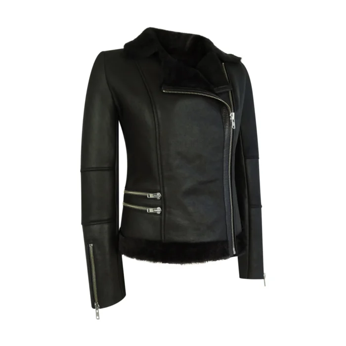 Womens Short Tailored Fit Morino Black Real Sheepskin Cross Zip Biker Style - Image 4