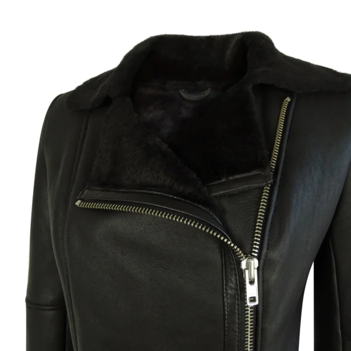 Womens Short Tailored Fit Morino Black Real Sheepskin Cross Zip Biker Style - Image 5