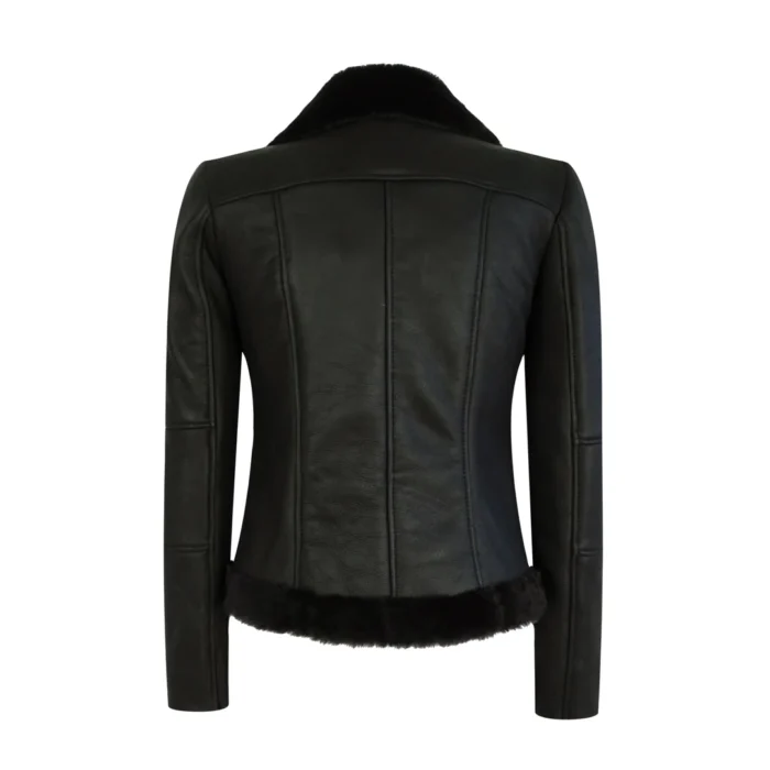 Womens Short Tailored Fit Morino Black Real Sheepskin Cross Zip Biker Style - Image 7