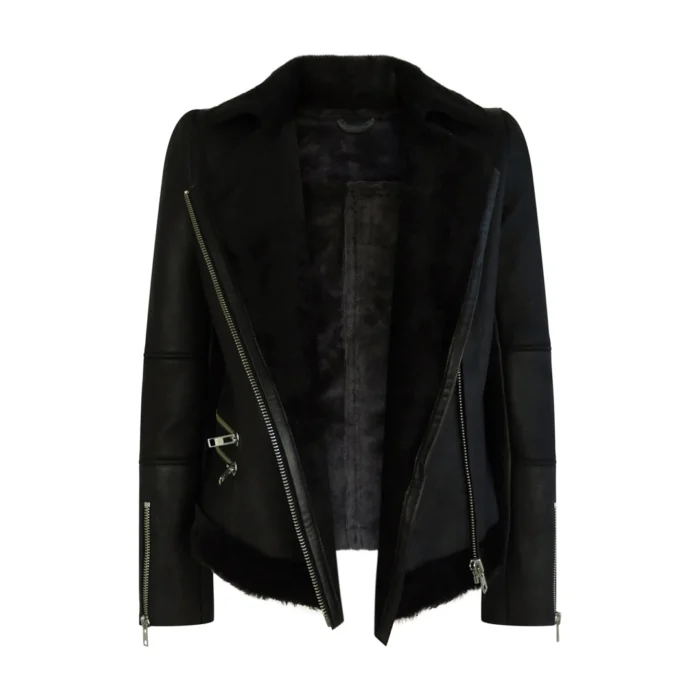 Womens Short Tailored Fit Morino Black Real Sheepskin Cross Zip Biker Style - Image 6