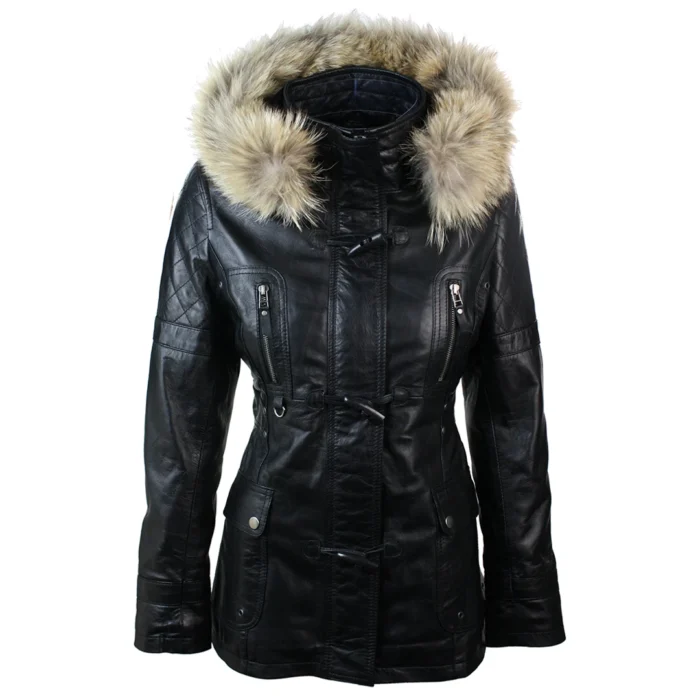 Ladies Real Leather Black Trench Mid Length Hooded Winter Retro Duffle Jacket - Image 1