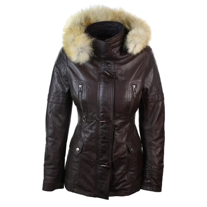 Ladies Real Leather Black Trench Mid Length Hooded Winter Retro Duffle Jacket - Image 11