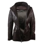 Ladies Real Leather Black Trench Mid Length Hooded Winter Retro Duffle Jacket - Image 12