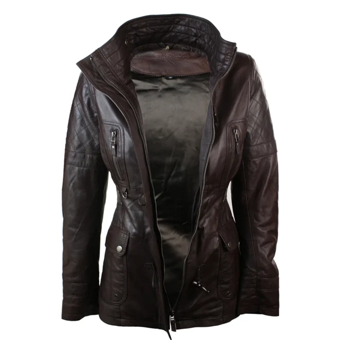 Ladies Real Leather Black Trench Mid Length Hooded Winter Retro Duffle Jacket - Image 12