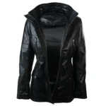 Ladies Real Leather Black Trench Mid Length Hooded Winter Retro Duffle Jacket - Image 5