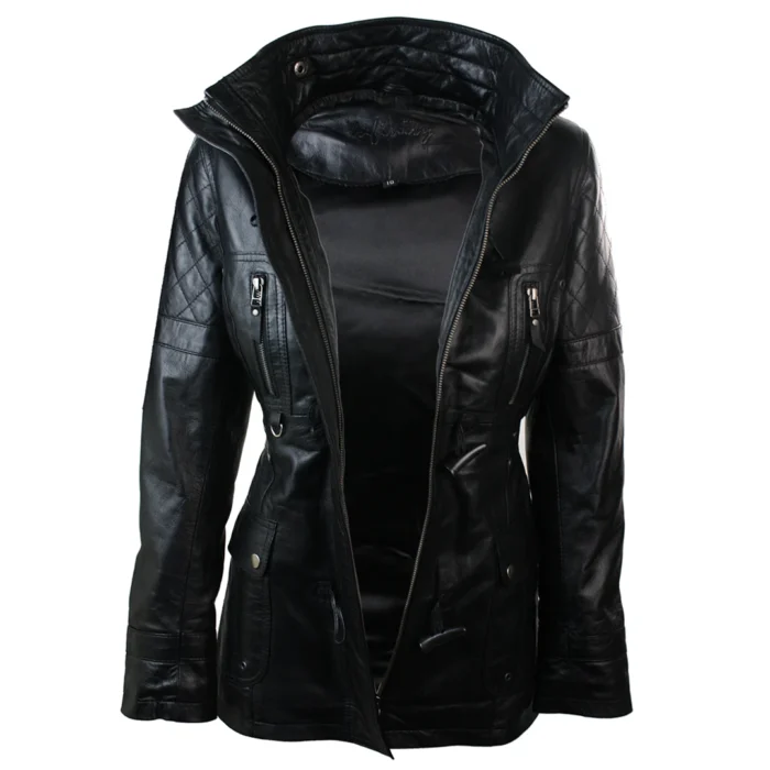 Ladies Real Leather Black Trench Mid Length Hooded Winter Retro Duffle Jacket - Image 5