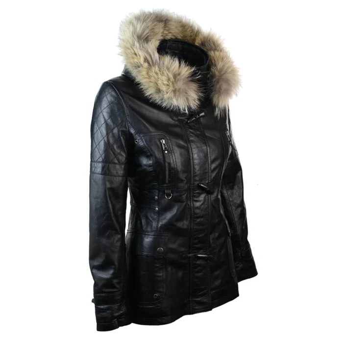 Ladies Real Leather Black Trench Mid Length Hooded Winter Retro Duffle Jacket - Image 2