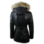 Ladies Real Leather Black Trench Mid Length Hooded Winter Retro Duffle Jacket - Image 3