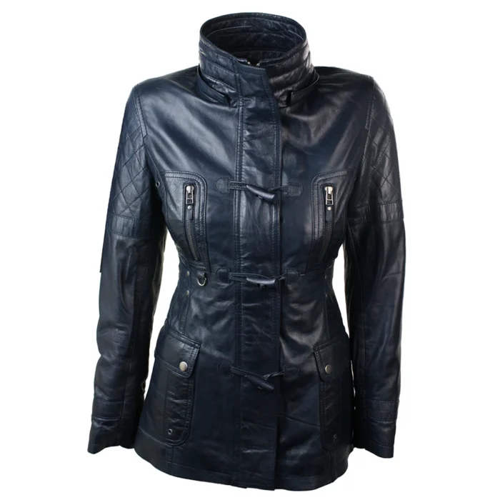 Ladies Real Leather Black Trench Mid Length Hooded Winter Retro Duffle Jacket - Image 9