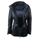 Ladies Real Leather Black Trench Mid Length Hooded Winter Retro Duffle Jacket - Image 10