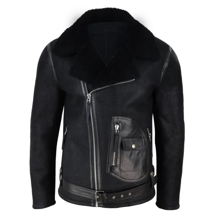 Mens Vintage Real Sheepskin Cross Zip Flying Jacket Pilot Flight Belt Fit Brando - Image 1