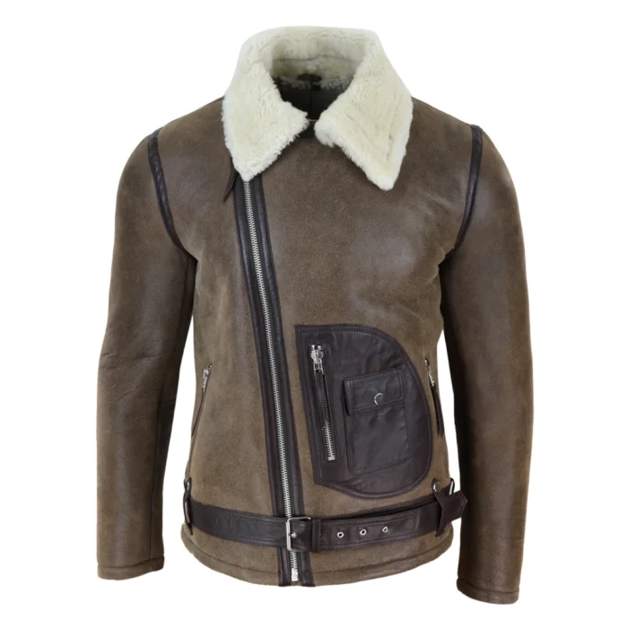 Mens Vintage Real Sheepskin Cross Zip Flying Jacket Pilot Flight Belt Fit Brando - Image 11