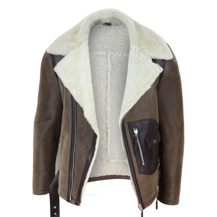 Mens Vintage Real Sheepskin Cross Zip Flying Jacket Pilot Flight Belt Fit Brando - Image 10