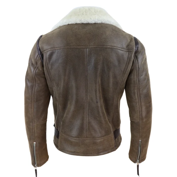 Mens Vintage Real Sheepskin Cross Zip Flying Jacket Pilot Flight Belt Fit Brando - Image 9