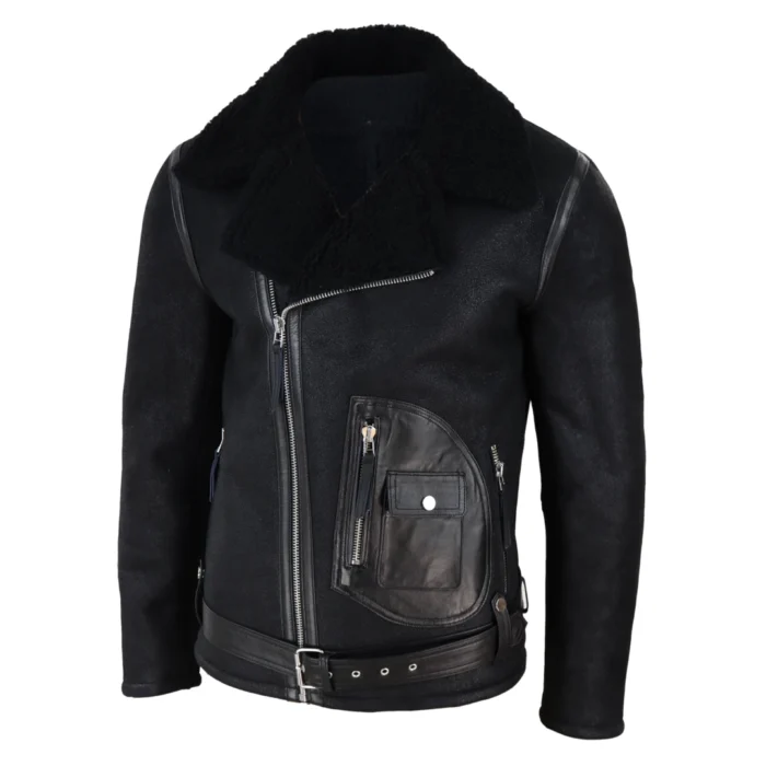 Mens Vintage Real Sheepskin Cross Zip Flying Jacket Pilot Flight Belt Fit Brando - Image 2
