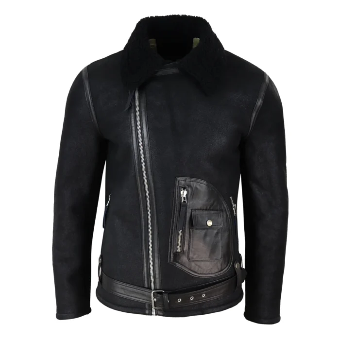 Mens Vintage Real Sheepskin Cross Zip Flying Jacket Pilot Flight Belt Fit Brando - Image 7