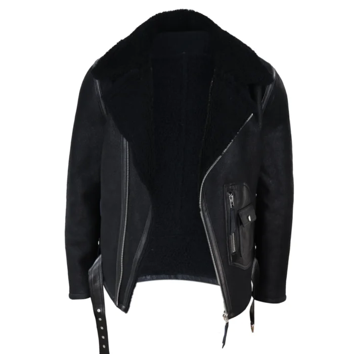 Mens Vintage Real Sheepskin Cross Zip Flying Jacket Pilot Flight Belt Fit Brando - Image 5