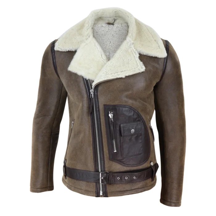 Mens Vintage Real Sheepskin Cross Zip Flying Jacket Pilot Flight Belt Fit Brando - Image 8