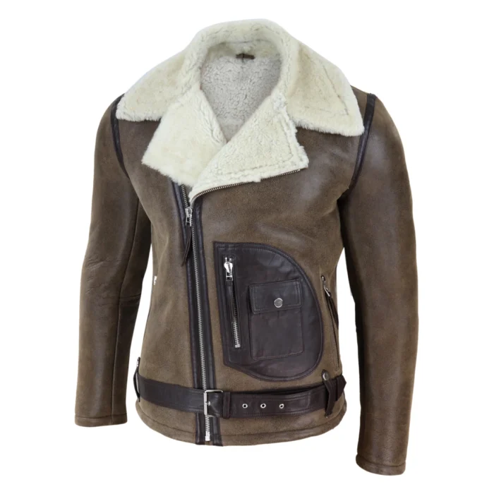 Mens Vintage Real Sheepskin Cross Zip Flying Jacket Pilot Flight Belt Fit Brando - Image 14