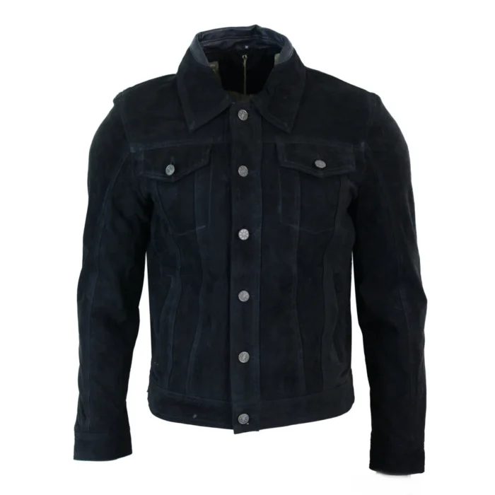 Mens Vintage Short Denim Style Retro Real Suede Leather Jean Jacket Casual - Image 1