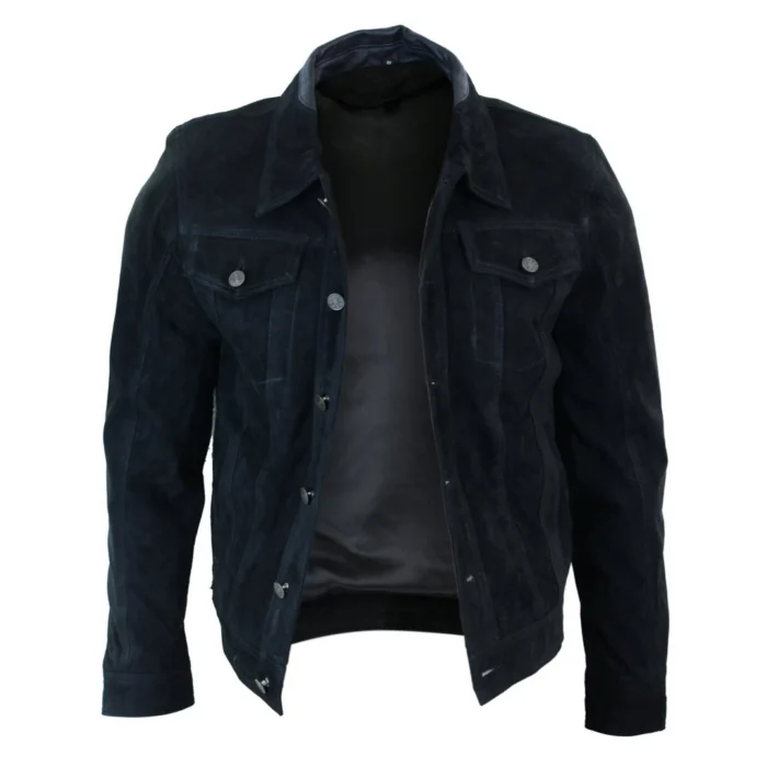Mens Vintage Short Denim Style Retro Real Suede Leather Jean Jacket Casual - Image 2