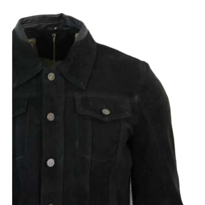Mens Vintage Short Denim Style Retro Real Suede Leather Jean Jacket Casual - Image 5