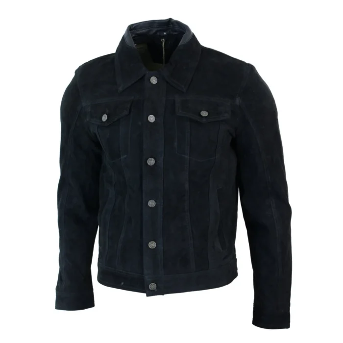 Mens Vintage Short Denim Style Retro Real Suede Leather Jean Jacket Casual - Image 4