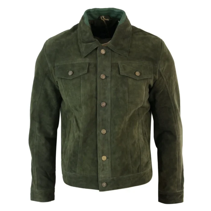 Mens Vintage Short Denim Style Retro Real Suede Leather Jean Jacket Casual - Image 6