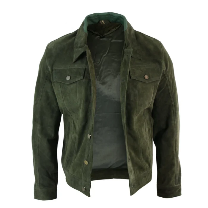 Mens Vintage Short Denim Style Retro Real Suede Leather Jean Jacket Casual - Image 10