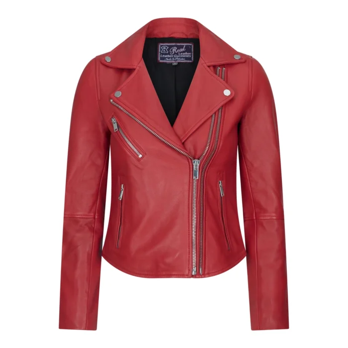 Womens Cross Zip Biker Real Leather Jacket Brando Red Black Retro Classic Motorcycle - Image 5