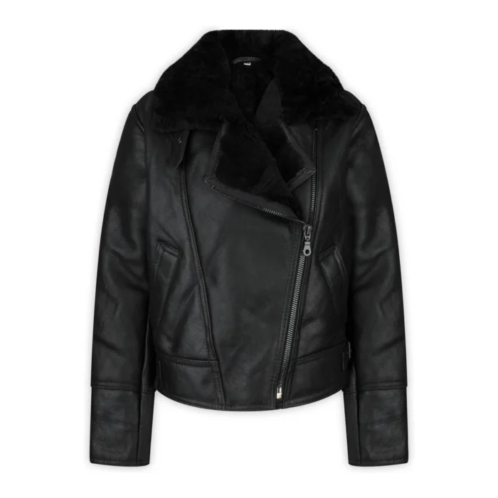 Ladies Vintage 100% Real Sheepskin Jacket Leather Biker Black Aviator Flying - Image 1
