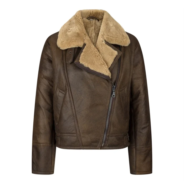 Ladies Winter 100% Real Sheepskin Leather Camel Brown Ginger Aviator Jacket - Image 1