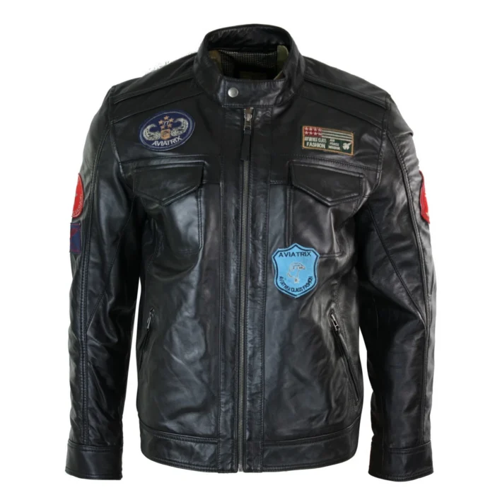 Mens Black Real Leather Zip Jacket Badge Design Racing US Pilot Casual - Image 1
