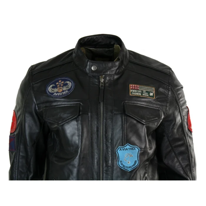 Mens Black Real Leather Zip Jacket Badge Design Racing US Pilot Casual - Image 2