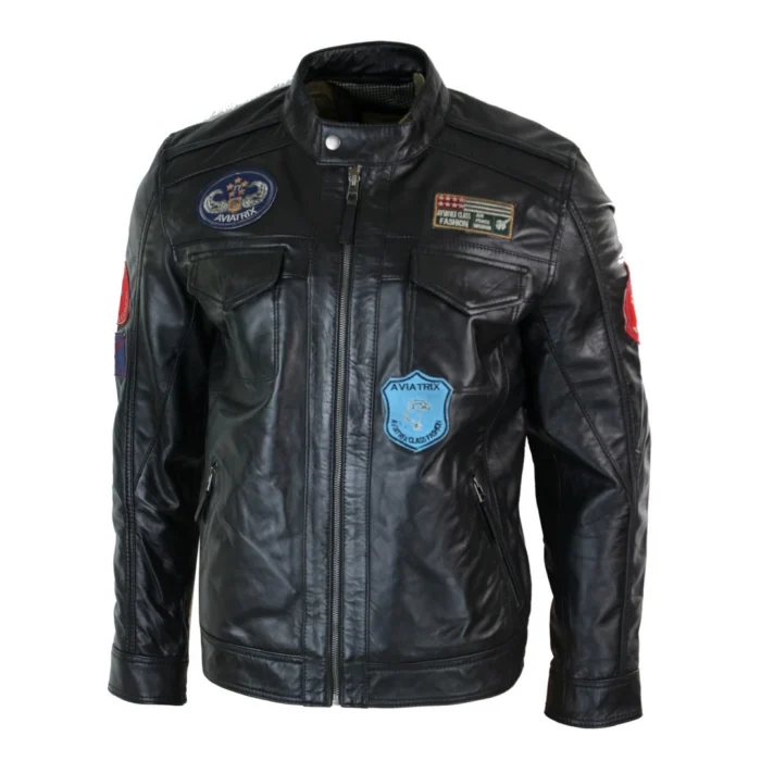 Mens Black Real Leather Zip Jacket Badge Design Racing US Pilot Casual - Image 7
