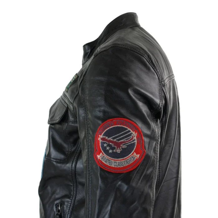 Mens Black Real Leather Zip Jacket Badge Design Racing US Pilot Casual - Image 6