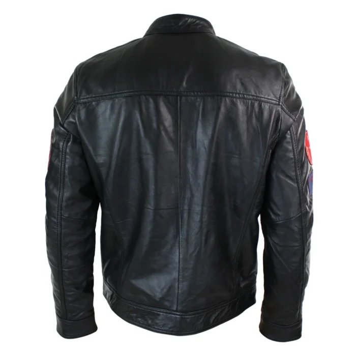 Mens Black Real Leather Zip Jacket Badge Design Racing US Pilot Casual - Image 5