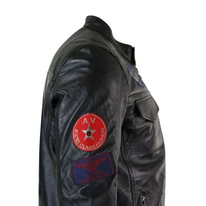 Mens Black Real Leather Zip Jacket Badge Design Racing US Pilot Casual - Image 4