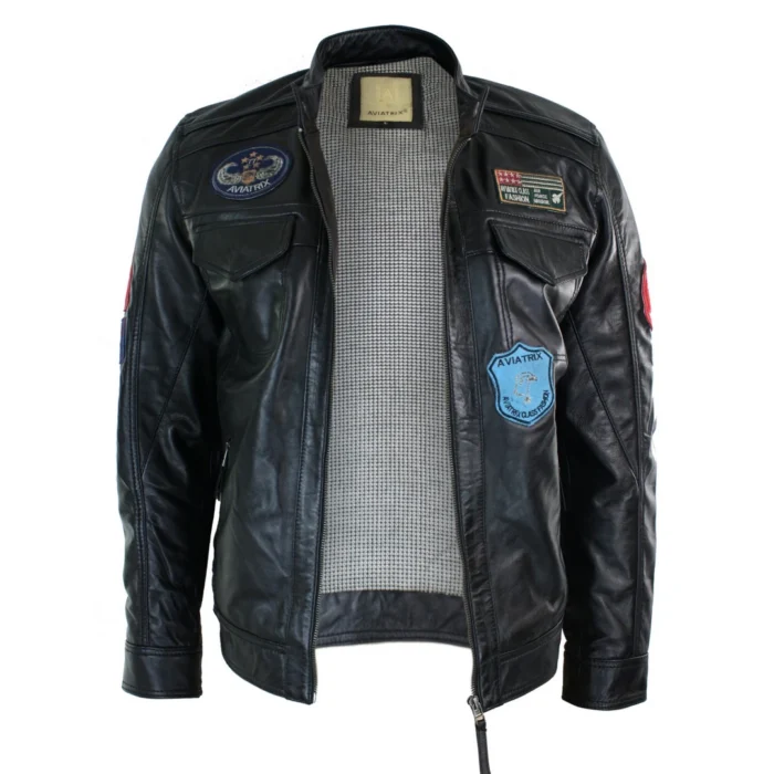 Mens Black Real Leather Zip Jacket Badge Design Racing US Pilot Casual - Image 3