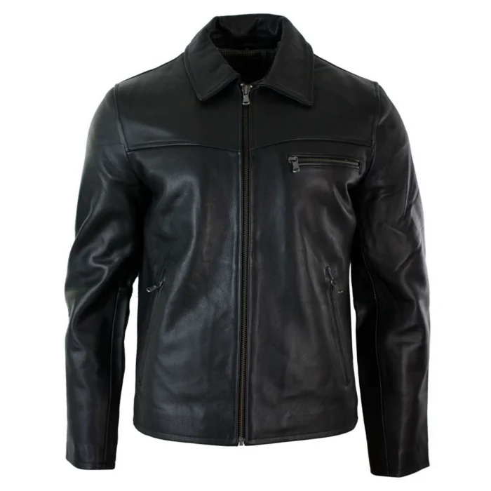 Mens Classic Real Leather Soft Hide Zipped Collar Box Jacket Smart Casual Fit - Image 1
