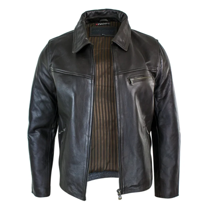 Mens Classic Real Leather Soft Hide Zipped Collar Box Jacket Smart Casual Fit - Image 11