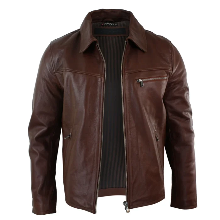 Mens Classic Real Leather Soft Hide Zipped Collar Box Jacket Smart Casual Fit - Image 16