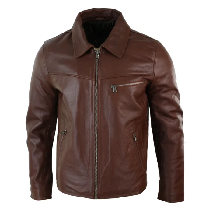 Mens Classic Real Leather Soft Hide Zipped Collar Box Jacket Smart Casual Fit - Image 18